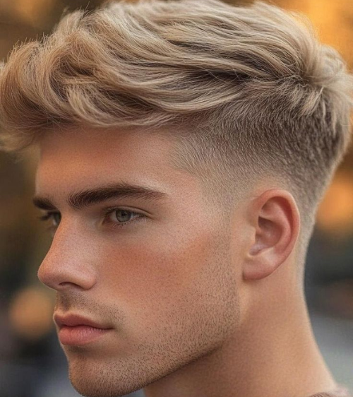 Brushed Forward and Swept with Low Taper Fade