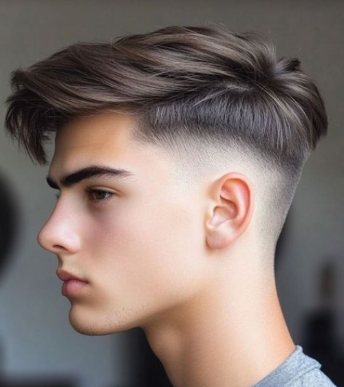 Brushed Forward and Swept with Low Taper Fade