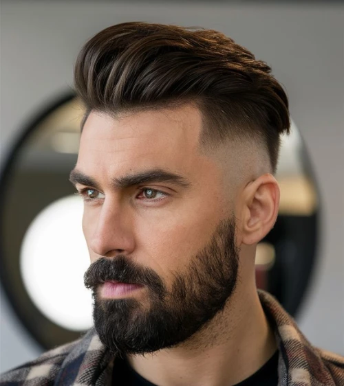 High Volume Brush Back with Mid Skin Fade and Beard