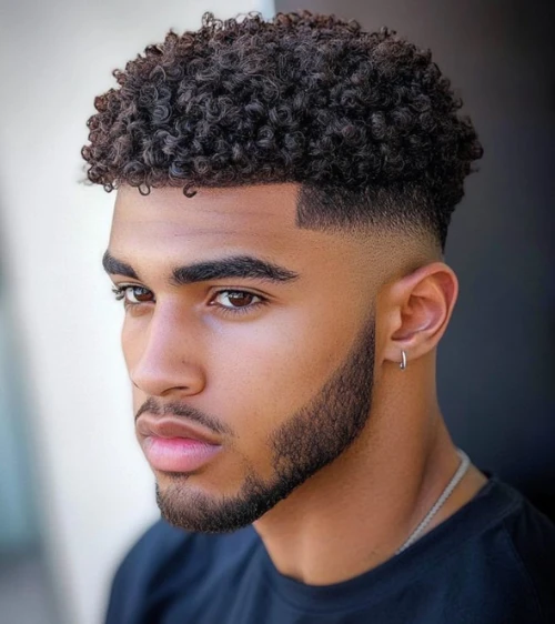 Short Afro Curls with Low Skin Fade