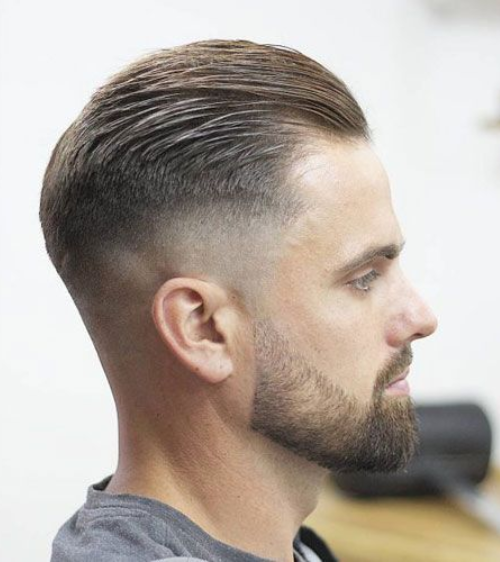 Short Slick Back with Mid Fade and Beard