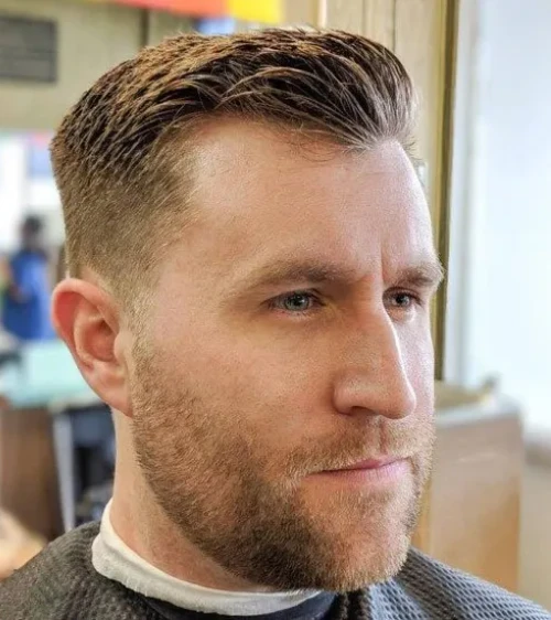 Side Swept Ivy League with Low Taper Fade