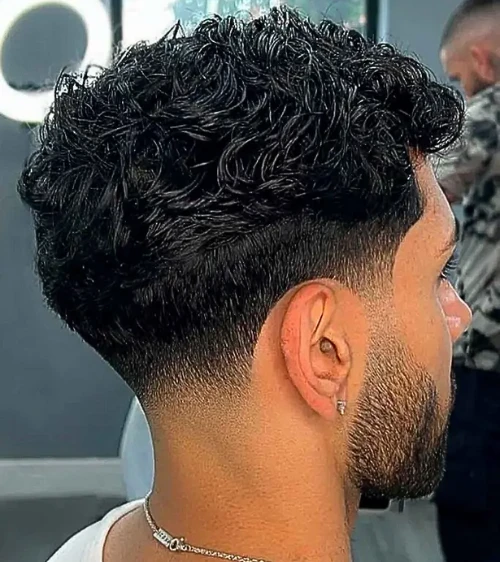 Thick Curly Fringe with Mid Taper Fade