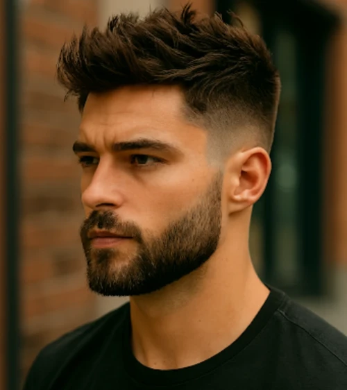 Thick, Tousled Brush Up with Low Skin Fade and Beard