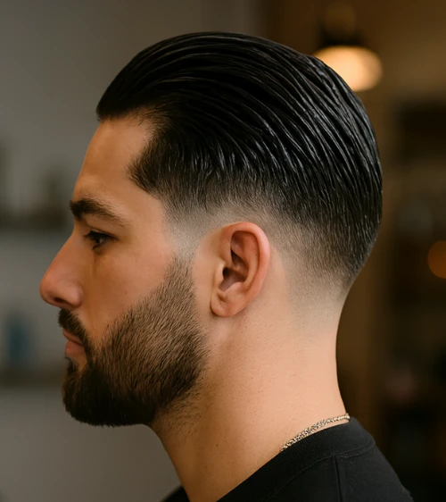 Short Slick Back with Mid Skin Fade and Beard