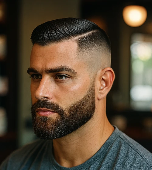 Side Part Skin Fade with Thick Hard Part and Blended Beard